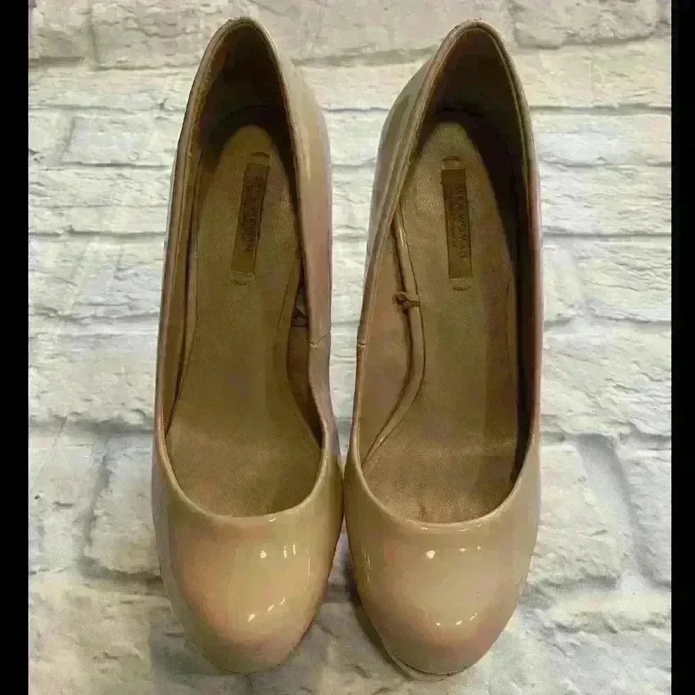 Zara Woman Nude Patent Leather Cork Platform Stiletto Pumps Heels 5.5 Inch Heel‎